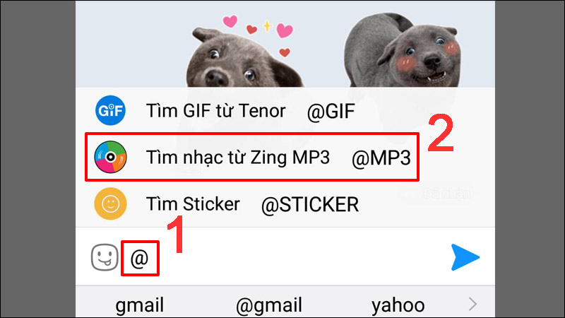 Gõ @ và chọn Tìm nhạc từ Zing MP3 để tìm bài hát